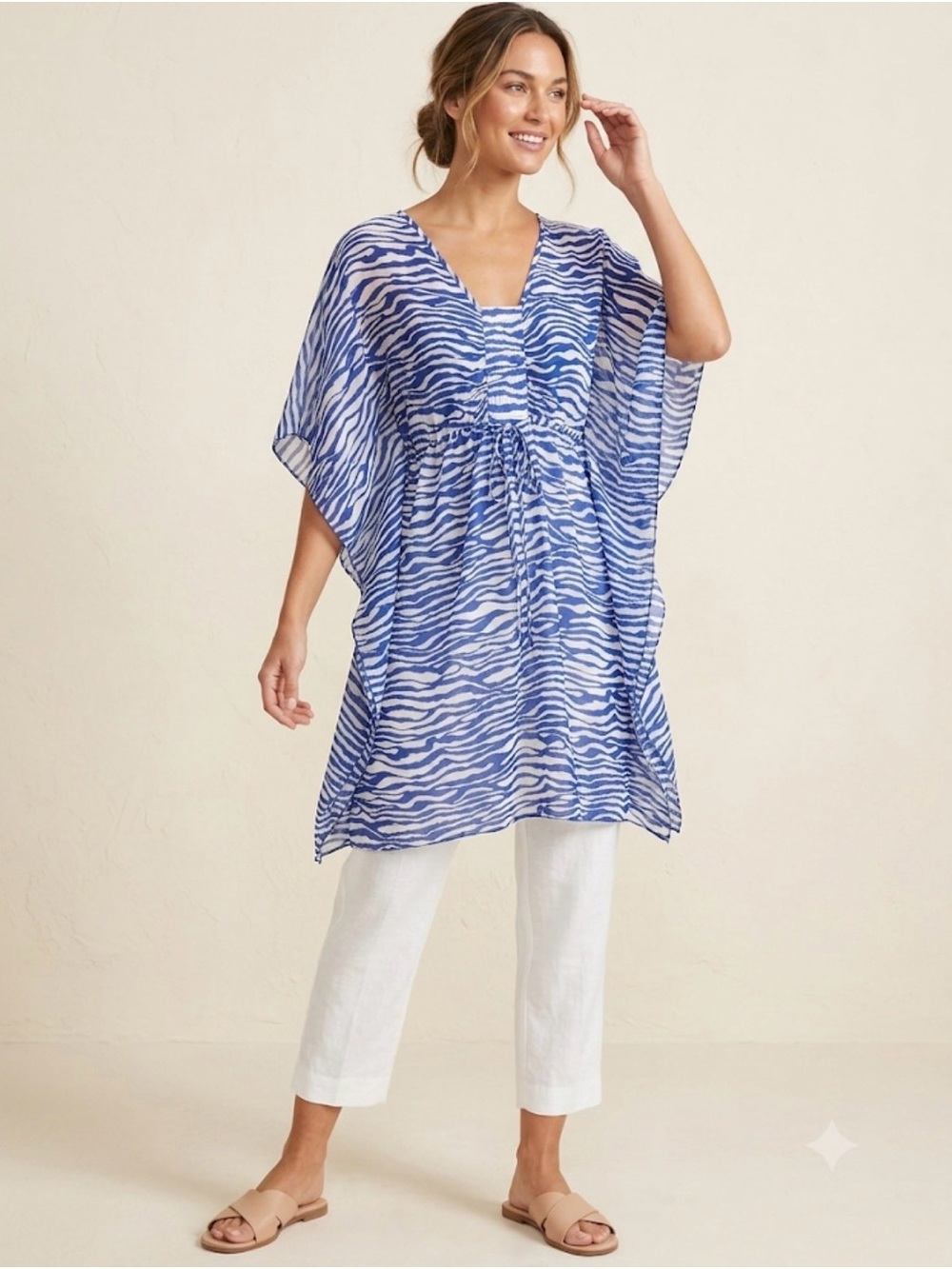 Laundry by Design Zebra Print Kaftan Tunic Dress Medium Blue White Coverup Boho